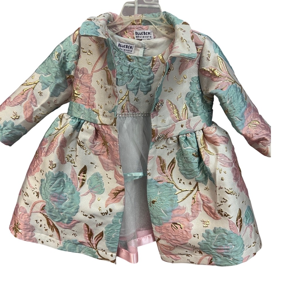 Blueberry Boulevard Girls 2T Brocade Floral Jacket Dress Set Sparkle‎ Pearls